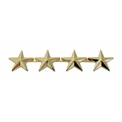 Gold metal rank insignia with four stars, measuring 5/8 inch. Features a clutch pin attachment for secure fastening to uniform fabric. Suitable for use on dress uniforms, caps, or ceremonial attire to denote rank.