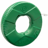 Stainless steel fish tape with 240 ft length, flat tape shape, and formed hook end. Housed on a 13 in free-spinning interior reel for smooth payout and retrieval. Used for pulling wires through conduit and walls in corrosive or wet environments