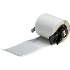 Precut label roll measuring 3 inches by 1 29/32 inches, made of silver polyester with halogen-free material properties. Designed for use with the BMP61 printer series. Suitable for industrial labeling applications such as cable marking, component identification, and asset tracking.