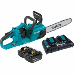 Rear-handle battery-powered chainsaw with 14 in bar length and adjustable/automatic chain oiler. Operates on 18 V platform with 32 cc equivalent power output. Suitable for tree pruning, limbing, and light-to-medium firewood cutting.