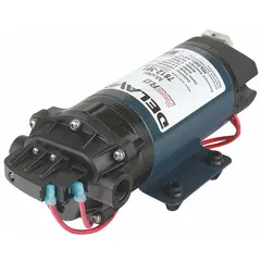 Electric on-demand diaphragm pump with polypropylene housing and demand pressure switch. Features FNPT connections for use in agricultural spraying, crop protection, and turf management applications. Suitable for transferring water-based chemicals and fertilizers in field sprayers and boom systems.