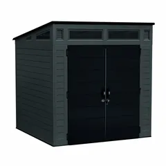 Plastic storage shed with single-slope roof, offering 317 cubic feet of capacity. Exterior dimensions 87 in W x 90 in D x 88 in H; interior 80 in L x 75 3/4 in D x 82 in H. Water resistant, unassembled, not rated for load. Suitable for outdoor storage of equipment, tools, and supplies.