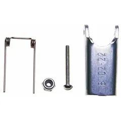 Steel spring latch for hook assemblies, with a latch length of 3-1/4 in, width of 1-1/4 in, and eye diameter of 1/4 in. Used in material handling, rigging, and lifting applications to secure loads and prevent accidental disengagement.