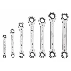 This 7-piece SAE double-end ratcheting box end wrench set features 12-point box ends for secure engagement on fasteners. The wrenches are made of alloy steel with a chrome finish and cover head sizes from 1/4 in to 7/8 in. The set includes a wrench roll for organized storage and is suited for tightening and loosening fasteners in confined spaces.