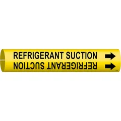 Snap-on pipe marker for identifying refrigerant suction lines. Yellow background with black legend and directional arrows. Fits pipe outer diameter from 3/4 to 1-3/8 inches. Single marker supplied.