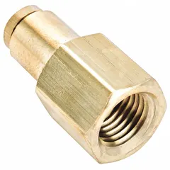 Brass push-to-connect adapter fitting with 1/4 in OD tube connection and 1/8 in female NPT pipe thread. Used in pneumatic systems and air brake circuits to join tubing to threaded ports. Suitable for nylon, polyurethane, or polyethylene tubing.