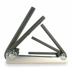 This folding hex key set contains five SAE standard-end short hex keys with a black oxide finish. The fold-up design keeps the keys organized and accessible for turning fasteners in confined spaces. Suitable for maintenance, assembly, and repair tasks where compact tool storage is required.