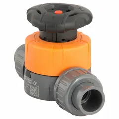 This 1/2 in PVC diaphragm valve is a 2-way, socket x socket configuration with an EPDM diaphragm and a position indicator. Rated for 150 psi CWP, it is suited for on-off and throttling control in chemical handling and water treatment systems where corrosion resistance is required.