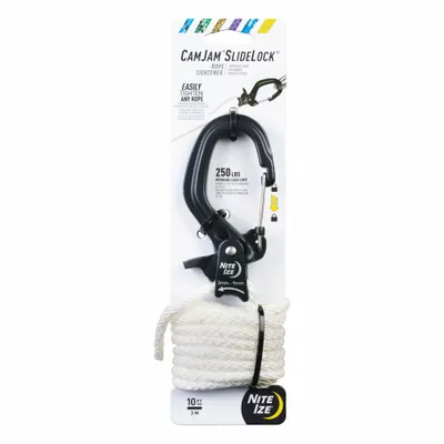 NITE IZE Rope Tightener: Rope Tightener, 10 ft Rope Lg, Carabiner, 6 mm Rope Dia - Ratchets for Rope Tie-Downs