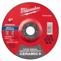 This MILWAUKEE grinding wheel is a Type 27 ceramic wheel sized 6" x 1/4" x 7/8" with 24 grit. Designed for cool cutting on carbon and stainless steel, it is suitable for fabrication, welding preparation, and general metalworking tasks.