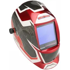 Auto-darkening welding helmet with graphic finish in black, red, and white. Features 4 arc sensors, analog controls, and a shade range of W5-13. Includes grind mode for non-welding tasks. Nylon shell with ratchet suspension adjustment. Viewing area measures 3.74 x 3.34 inches. Suitable for welding and grinding applications.