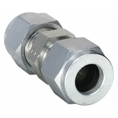 PARKER Compression Fitting Union: 1/4 in OD x 1/4 in OD Size, 7/16-20 7/16-20 Thread Size - Double-Ferrule Steel Compression Fittings
