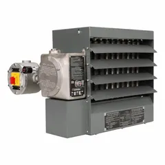 This hazardous-location suspended electric unit heater is designed for wall or ceiling mounting in classified areas. It delivers 5 kW heating output with a 27.6°F air temperature rise, operating on 480V AC, 3-phase power. The housing is finished in gray. Suitable for industrial environments requiring safe electric heating.