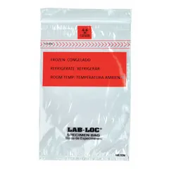 Clear LDPE dual-pouch specimen transfer bag with zipper closure. Features a Biohazard legend for identification of hazardous contents. Overall height 9 inches, thickness 1.75 mil. Pack of 1,000. Suitable for transporting biological samples in laboratory and clinical settings.