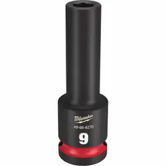Metric 6-point deep impact socket with 1/2" drive and 9 mm socket size. Friction retention mechanism secures socket on anvil. Black phosphate finish. Used for heavy-duty fastening and loosening on industrial equipment, automotive assemblies, and machinery.