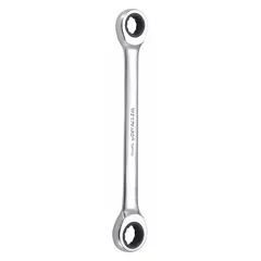 Alloy steel construction with a chrome finish. Features 12 mm and 13 mm head sizes with a 12-point ratcheting box end design. Overall length of 6 3/4 inches. Suitable for tightening or loosening fasteners in confined spaces.