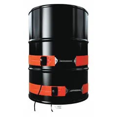 Silicone rubber band heater for standard drums, rated 550 W at 230 V AC with a current draw of 2.3 A. Provides a controlled temperature range of 0°F to 160°F for indoor use. IP54 rating protects against dust and water splashes. Used to maintain or raise the temperature of drum contents such as oils, chemicals, or adhesives to prevent freezing or reduce viscosity.