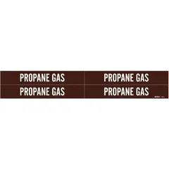 Brown adhesive pipe marker with white legend reading 'Propane Gas'. Fits pipe outer diameters from 3/4 to 2-3/8 inches. Pack of 4 markers without arrows. Used for identifying propane gas lines in piping systems.