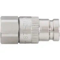 This plug is a 71 Series hydraulic quick-connect coupling with a 316 stainless steel body and nitrile seal. It is designed for rapid, leak-free connection and disconnection in fluid power systems. Suitable for applications requiring corrosion resistance, such as marine and chemical processing