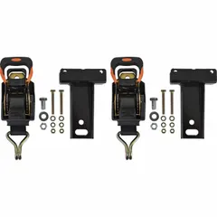 Truck rack mounted tie downs for securing cargo loads to truck racks. Used to prevent shifting of ladders, pipes, lumber, and other materials during transport. Suitable for contractors, landscapers, and fleet vehicles.