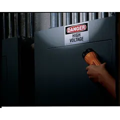 Adhesive-mounted danger high voltage warning signs supplied in an 8-pack. Non-retroreflective, non-glow-in-the-dark, with no anti-slip surface. Suitable for indoor or sheltered electrical safety applications where standard visibility is sufficient.
