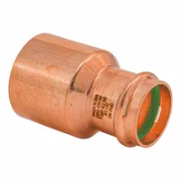 This press copper reducer connects a 2 in CTS copper tube to a 1 1/4 in CTS line. It features FTG x Press-fit ends and a seal window for visual leak verification. Suitable for plumbing systems including potable water and hydronic heating