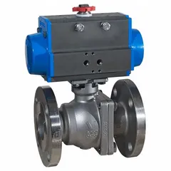 This pneumatically-actuated ball valve features a stainless steel two-piece body with flange x flange connections. It is designed for on/off flow control in industrial piping systems handling liquids and gases. The valve operates with a 110V AC pilot solenoid.