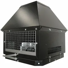 Roof-mount exhaust draft inducer for natural gas furnaces, designed for 8 in to 10 in pipe. Features a stainless steel wheel, 120V AC operation at 1.2 A, and includes a fan proving switch. cETL Listed.