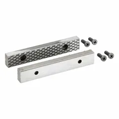 Screw-in vise jaw cap designed to replace worn or damaged gripping surfaces on compatible vises. Used in maintenance, metalworking, and fabrication for secure workpiece clamping.