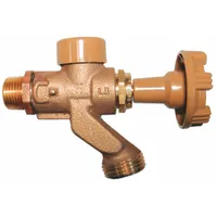 Standard-design hose bibb with a brass body and powder-coated finish. Features an aluminum handwheel handle and NPT inlet connection. Suitable for outdoor water connections requiring backflow prevention
