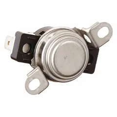 Dryer high limit thermostat that monitors heating circuit temperature and interrupts power if safe limits are exceeded. Used in electric clothes dryers to prevent overheating. OEM replacement part for Electrolux laundry equipment.