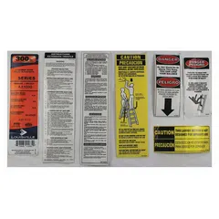Replacement label kit for Louisville Ladder models AX1008, AX1010, and AX1012. Includes safety and identification labels to restore legible warnings and compliance markings on compatible ladders.