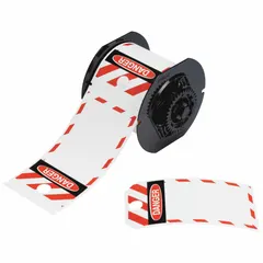 Roll of 100 pre-cut polyester danger tags, each 5 3/4 in x 3 1/4 in, white. For indoor/outdoor use with BBP30 printer and B30-R10000 ribbon. Used to warn personnel of hazards in industrial facilities.