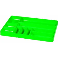 This green tool tray from ERNST MANUFACTURING measures 16 inches in length and 11 inches in width. Designed for drawer storage, it helps organize and separate tools, preventing them from rolling or mixing. Suitable for use in maintenance shops, garages, and industrial assembly areas.