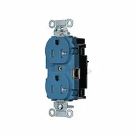 Duplex general-purpose receptacle with NEMA 5-20 configuration, rated 125V AC and 20 A. Blue housing, 2-pole/3-wire grounding. Suitable for powering equipment and appliances in commercial and industrial settings