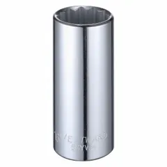1/2" drive hand socket with 1 1/16" SAE socket size. 12-point deep configuration for extended reach. Chrome finish. Used for tightening or loosening fasteners in automotive, machinery, and industrial applications.