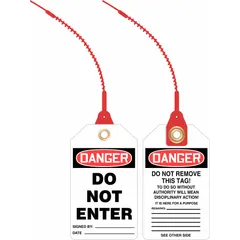 White single-part danger tags with attached strap, #7 size. Legend is not the same on both sides. Pack of 10. Used in lockout/tagout procedures to warn personnel of hazardous energy sources during maintenance.