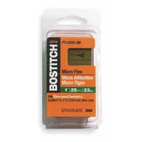 Collated headless pin nails with a smooth finish and chisel point, 3/4 in overall length. Supplied in a 3000-count pack. Used for trim and finishing applications where a discreet fastening is required, such as attaching moldings, panels, and delicate woodwork