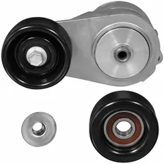 Self-adjusting belt tensioner with 2 pulleys and 3 in outside diameter. Maintains proper tension on serpentine or accessory drive belts to reduce slip and extend component life.