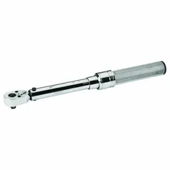 Ratcheting micrometer torque wrench with 1/2-inch square drive, torque range 20 ft-lb to 150 ft-lb. Tether capable for safety in elevated or confined workspaces. Includes NIST certification for measurement accuracy. Used for precise torque application on fasteners in machinery, automotive, and equipment assembly.