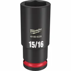 SAE 6-point deep impact socket with 1/2" drive and 15/16" socket size. Friction retention design. Black phosphate finish. For use with impact tools in fastening and loosening nuts and bolts.