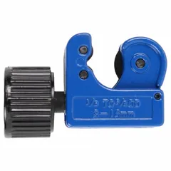 Enclosed feed standard wheel cutter with steel body. Cuts copper, brass, aluminum, and thin-wall steel tubing from 3/16 in to 11/16 in outer diameter. Suitable for HVAC, plumbing, and refrigeration applications requiring clean cuts.