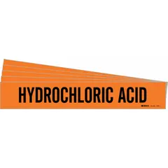 Orange adhesive pipe marker with black legend reading 'Hydrochloric Acid'. Fits pipe outer diameters from 2-1/2 to 7-7/8 inches. Pack of 5 markers without directional arrows. Used for identifying pipes carrying hydrochloric acid in industrial piping systems.