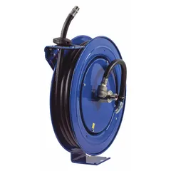 This spring-return hose reel is designed for dispensing and retracting diesel exhaust fluid (DEF) hoses in industrial and automotive service bays. It includes a 50 ft (3/4 in I.D.) blue hose with a 3/4 in MNPT hose end configuration, rated for 300 psi max operating pressure. The stainless steel swivel ensures smooth rotation during use.