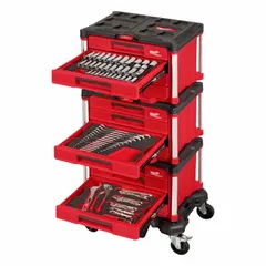 This 366-piece tool set includes sockets in 1/4 in, 3/8 in, and 1/2 in drive sizes, covering both Metric and SAE. The set contains diagonal-cutting pliers, multi-bit screwdrivers, drive ratchets, and adjustable wrenches. Tools are organized in a rolling cabinet with foam inserts for storage and transport. Suitable for maintenance, repair, and mechanical tasks.
