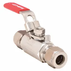 This HAM-LET ball valve is a straight-body, two-piece design with sweat x sweat ends. It features a 316 stainless steel construction and a locking lever handle for manual operation. Suitable for on/off flow control in industrial piping systems handling high-purity or corrosive fluids.