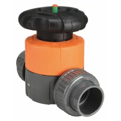 This 2-way PVC diaphragm valve features socket x socket connections and an EPDM diaphragm. Rated for 150 psi CWP, it includes a locking handle for secure positioning. Suitable for on-off control in chemical handling and water treatment systems.