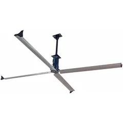 The SKYBLADE STEP Series industrial HVLS ceiling fan features a 24 ft blade diameter and operates on three-phase 230V AC power with a current rating of 4.5 A. It offers variable speed control and does not include a light kit. Designed for large commercial and industrial spaces such as warehouses, distribution centers, and manufacturing plants, it moves massive air volumes at low speeds to improve comfort and energy efficiency.