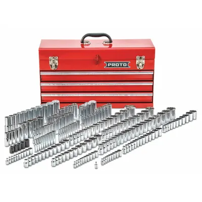 PROTO Socket Set: 1/4 in, 3/8 in, 1/2 in Drive, 205 Piece, 12-Point/6-Point - SAE & Metric Socket Sets