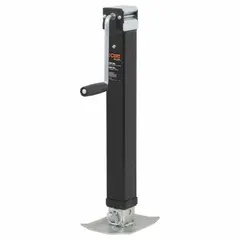 This CURT trailer jack is a sidewind, weld-on model with a foot plate base and a static load capacity of 8,000 lb. It provides a maximum lift height of 40-1/8 in for raising and supporting trailer tongues during coupling or parking. Suitable for heavy-duty trailers in agricultural, construction, and utility applications.